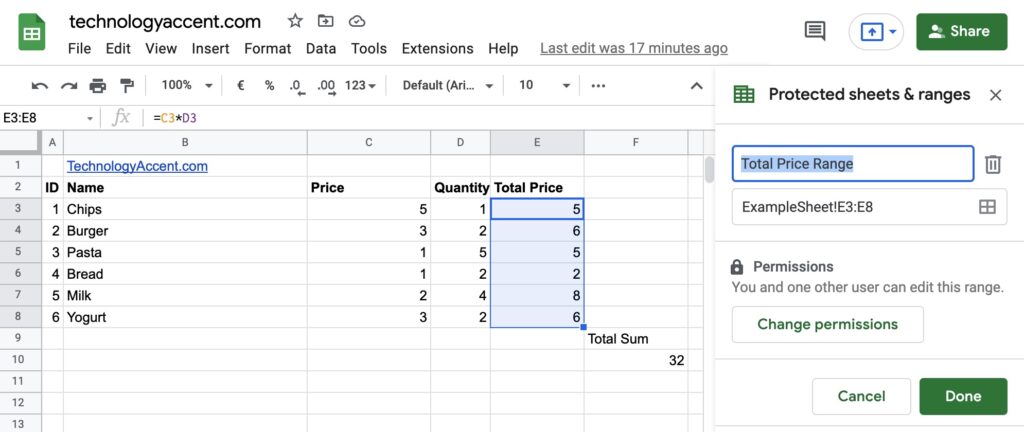 change permissions on a locked range in google sheets