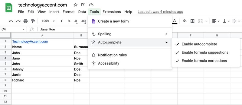 how to enable the autocomplete smart fill feature in google sheets