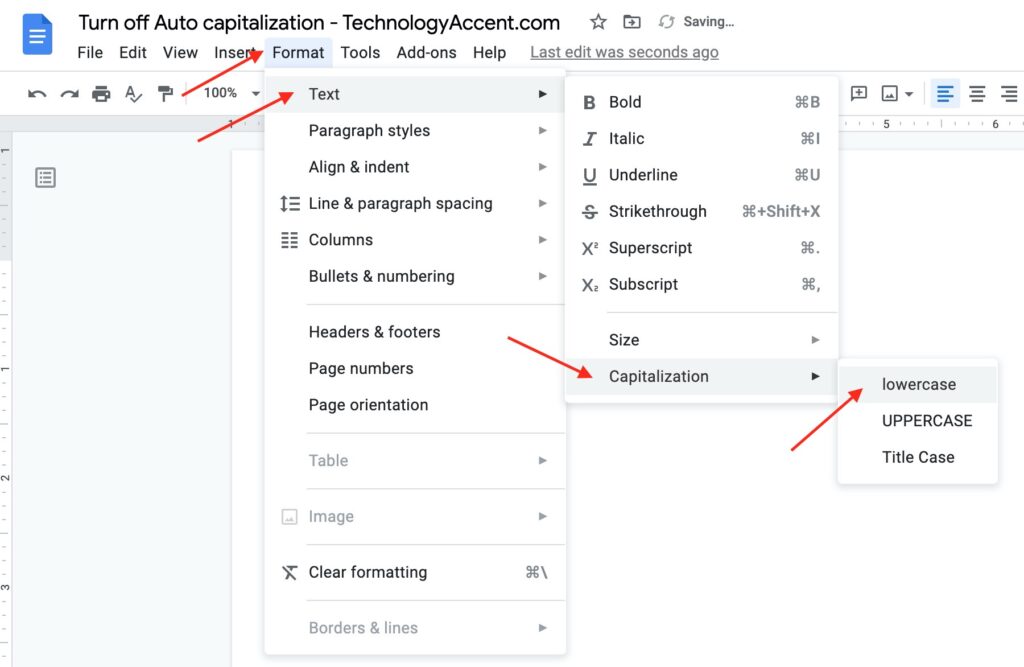 How to turn off auto capitalization in Google Docs?