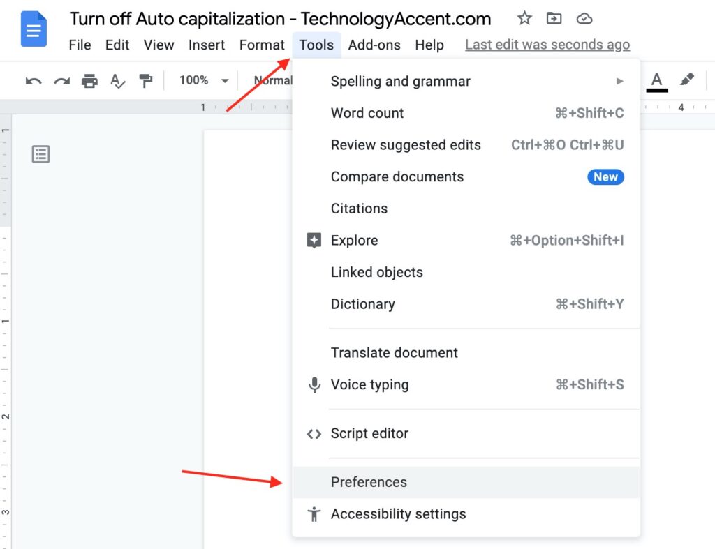 Google docs tools menu