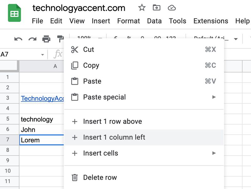 google sheets insert column left example