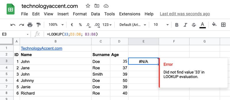 google sheets lookup function giving an error did not found value in LOOKUP evaluation