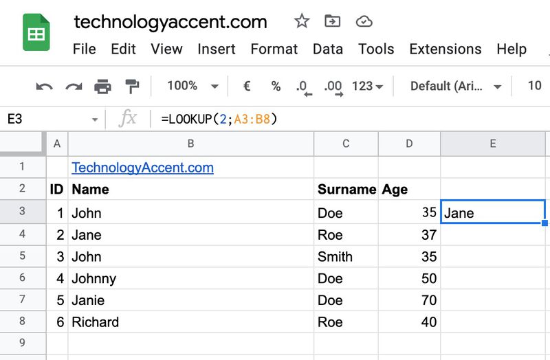 Example of using lookup without the result_range parameter