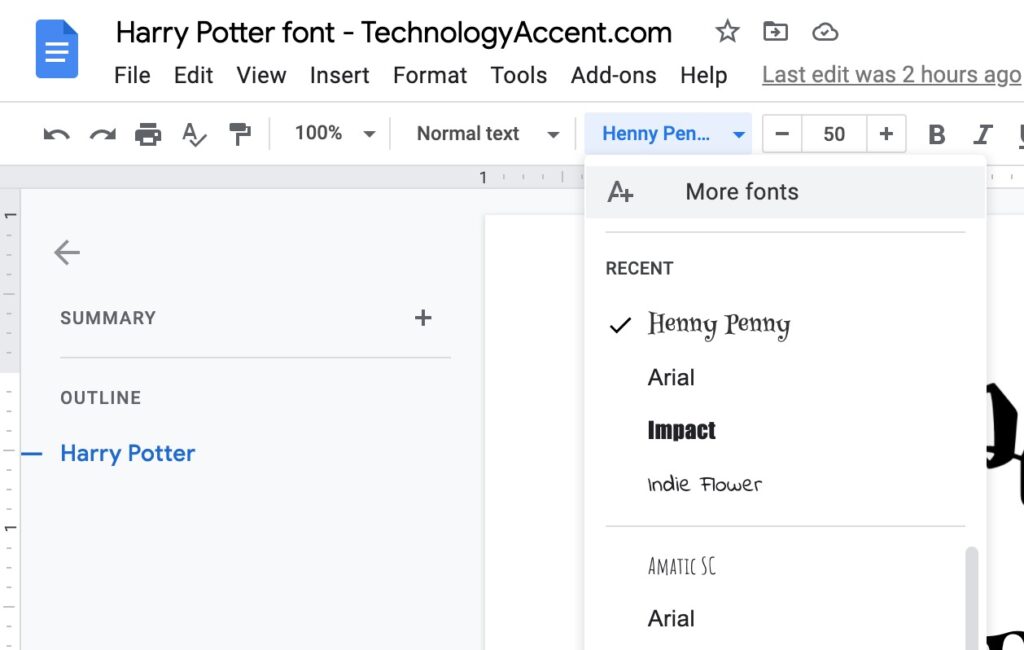 more fonts drop down menu option