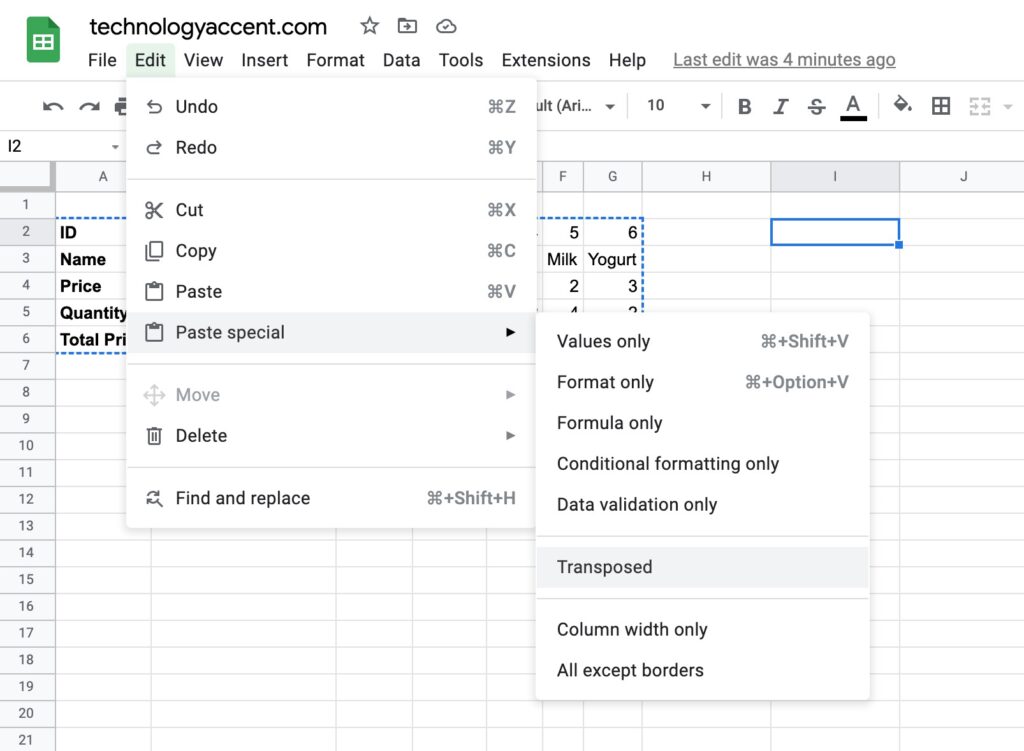 paste special transposed option in google sheets