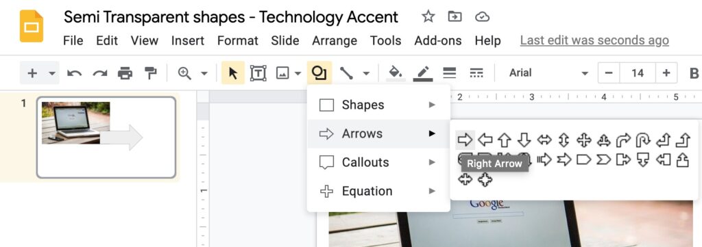 the insert shape toolbar menu