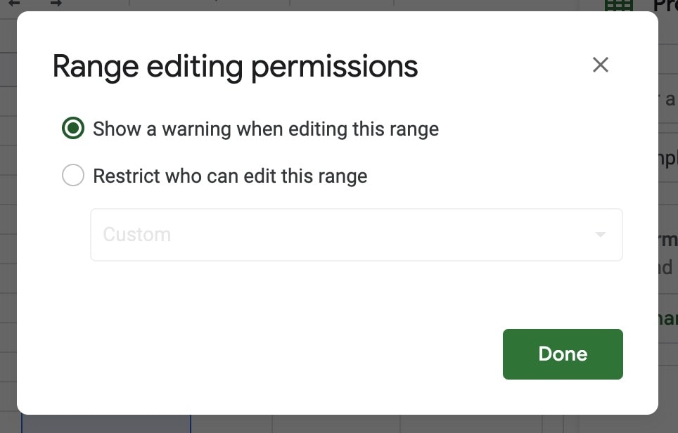 setting the show warning when editing this range for soft lock in google sheets