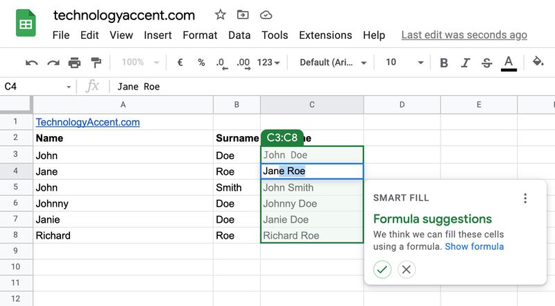 google sheets smart fill autocomplete example