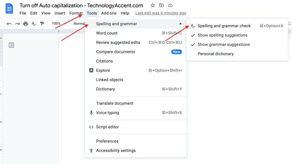 Spelling And Grammar Check Menu Option