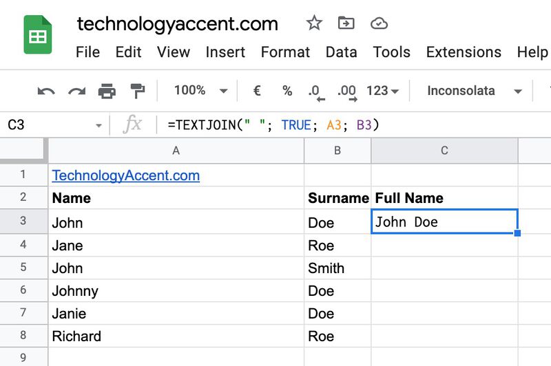 example of using textjoin to combine first and last name in google sheets