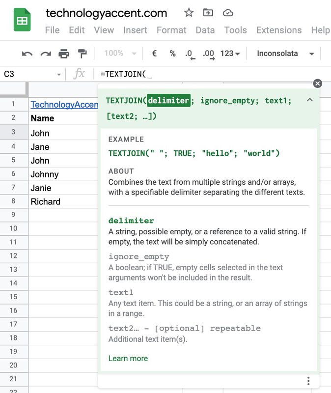 the contextual documentation for the TEXTJOIN function in google sheets