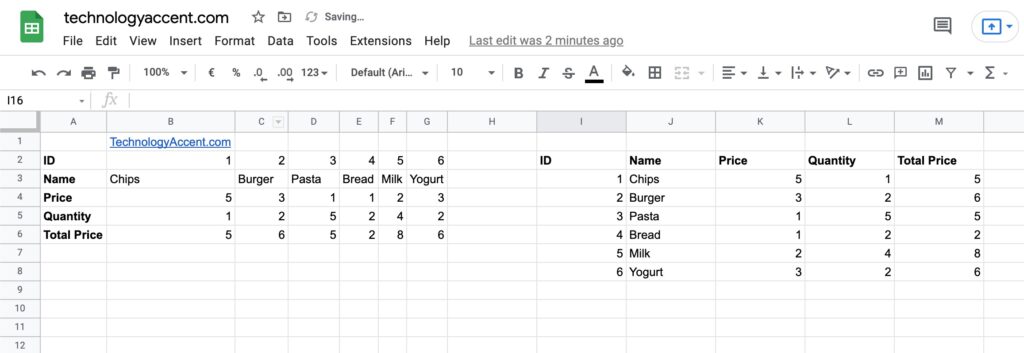 the two tables after the paste transpose function