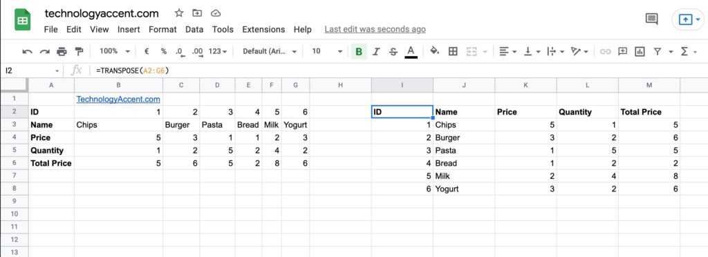 transpose function in google sheets
