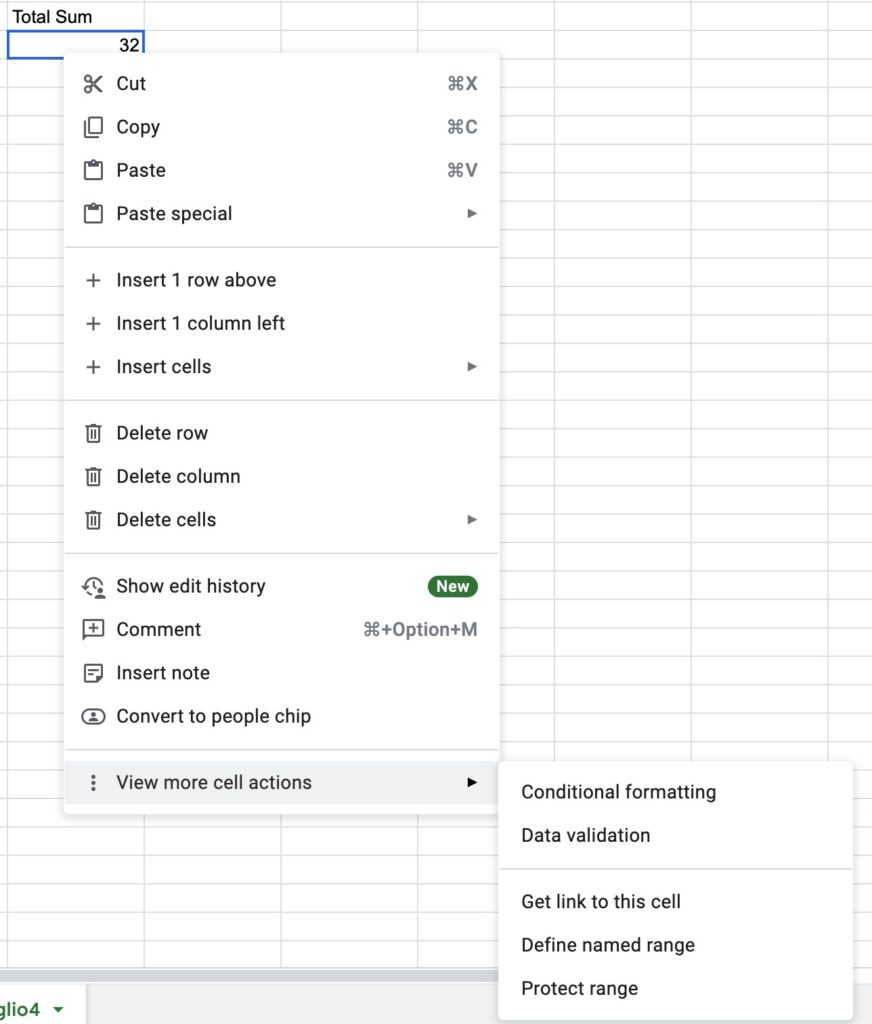 View more actions - protect range menu