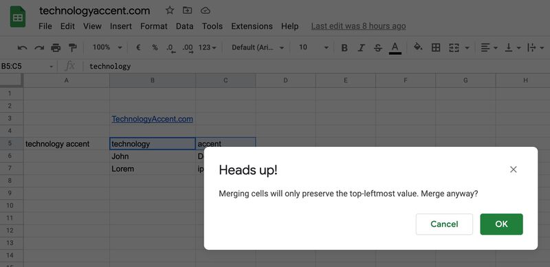google sheets warns you if you're merging cells with data in them