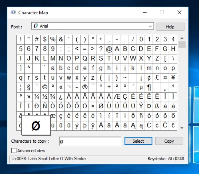 Diameter Symbol On The Character Map Application