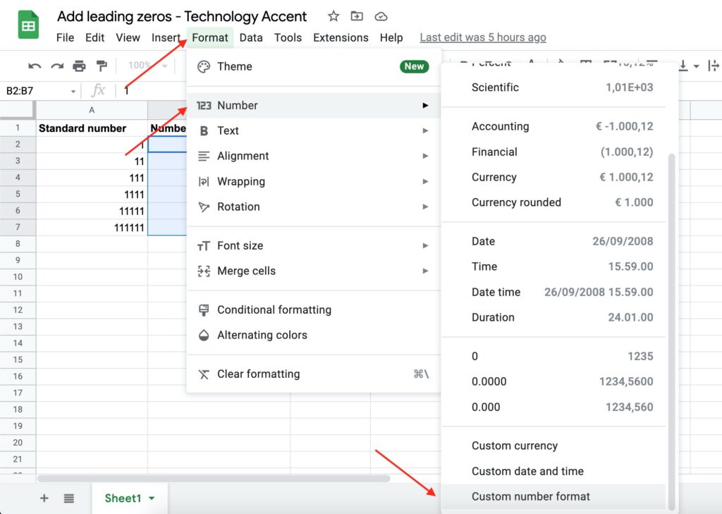 Google Sheets Custom Number Format Menu