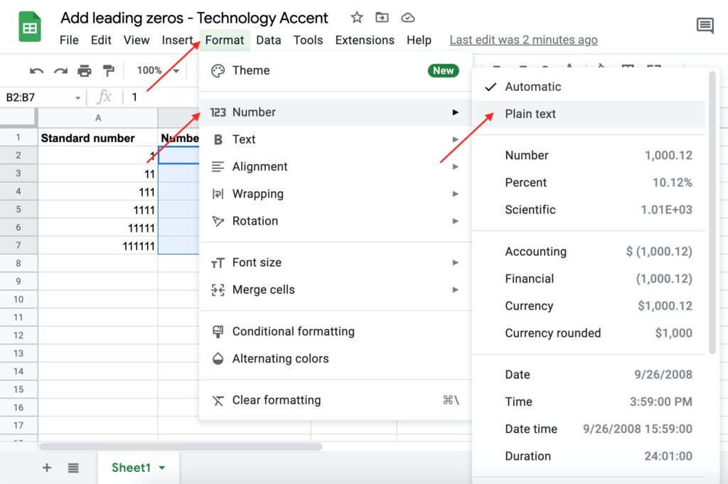 Google Sheets Number Format Plain Text