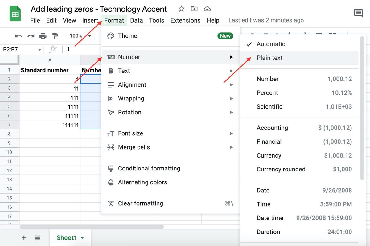 How to add leading zeros in Google Sheets - Technology Accent