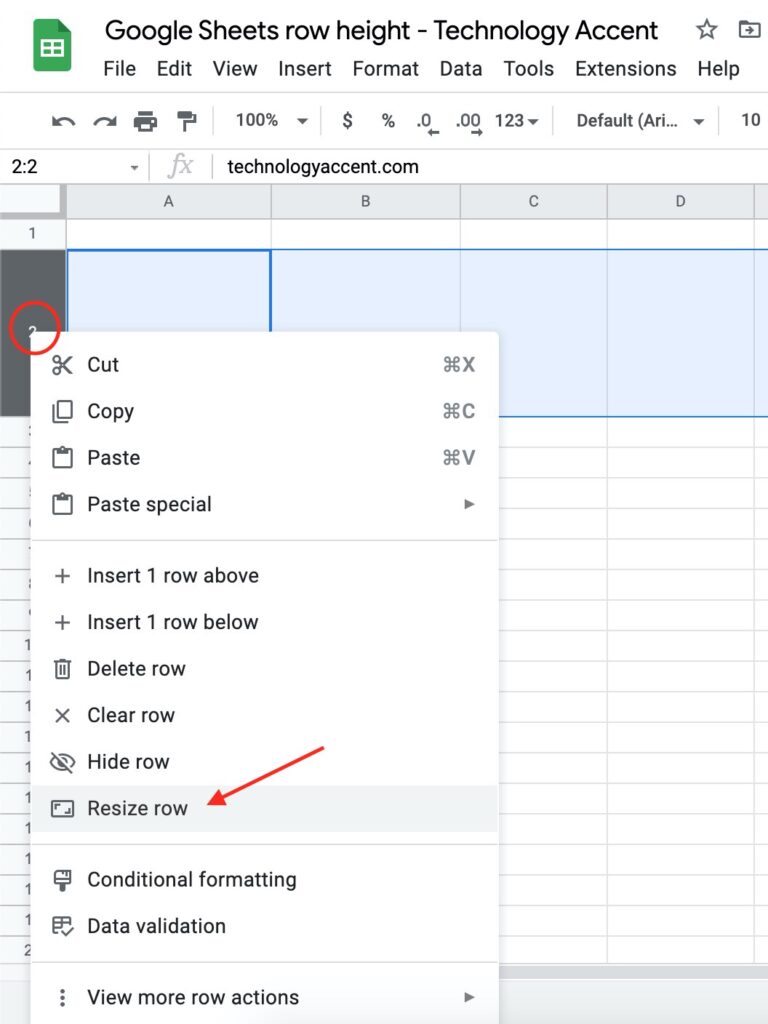 Google Sheets Resize Row Menu