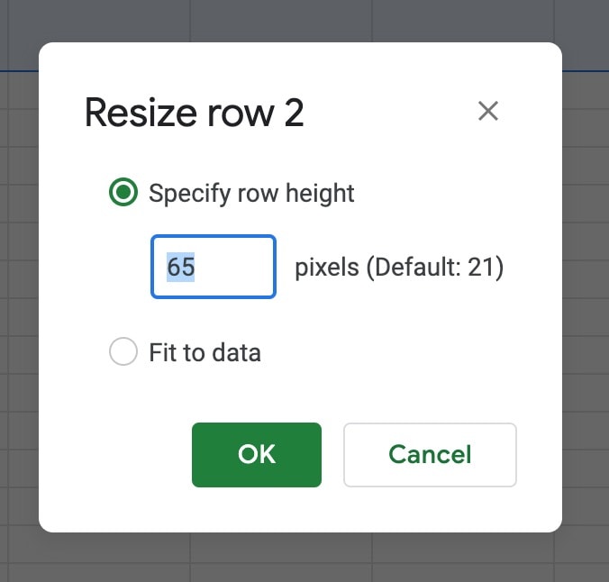 Google Sheets Resize Row Window