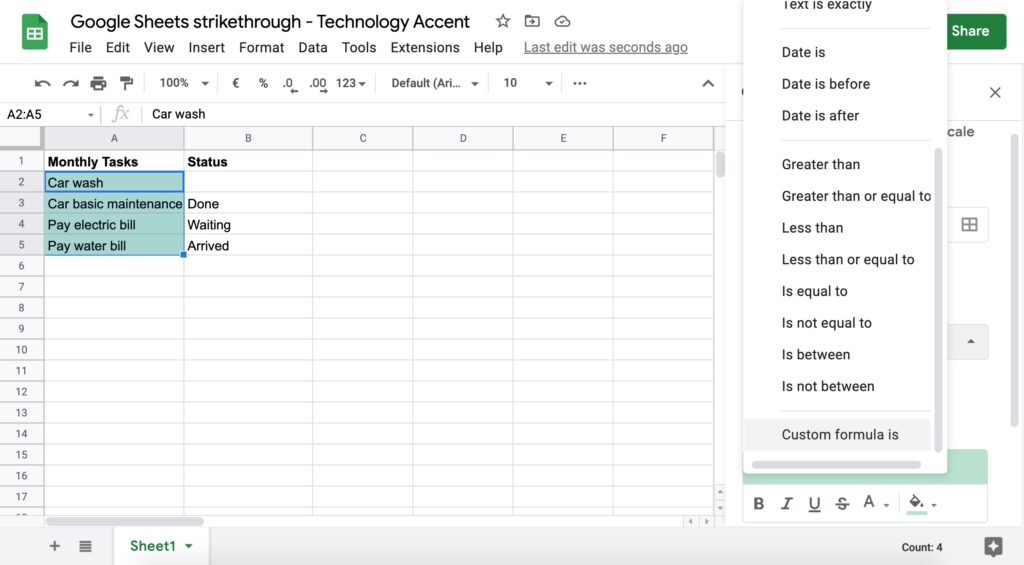 Google Sheets Strikethrough Conditional Formatting Custom Formula