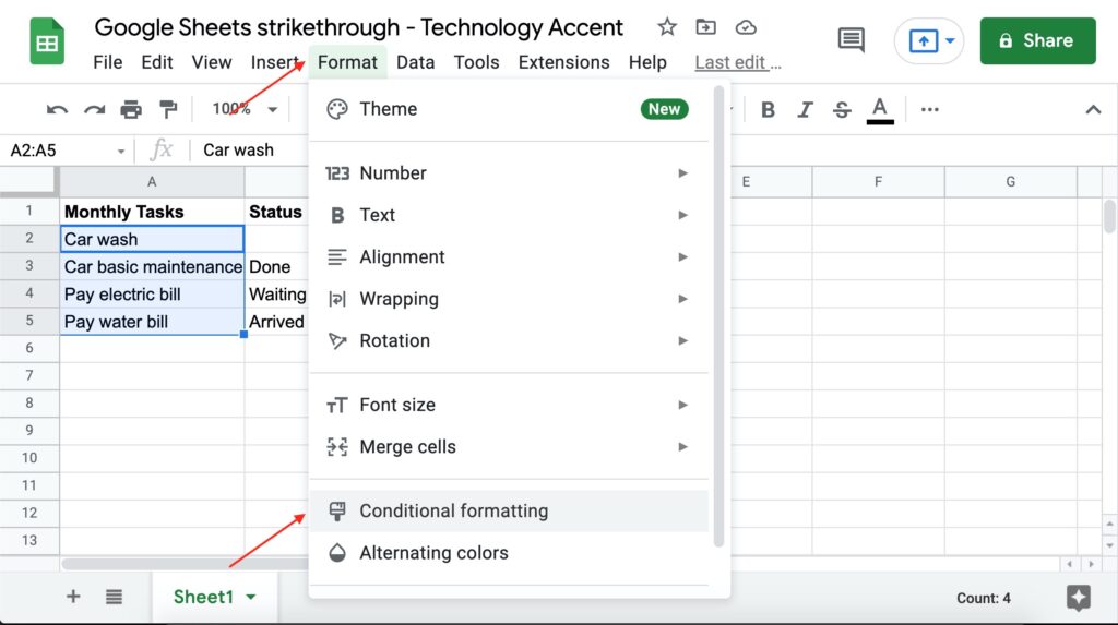 Google Sheets Strikethrough Conditional Formatting Option