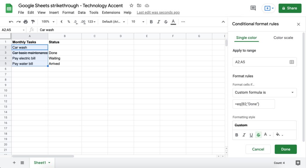 Google Sheets Strikethrough Conditional Formatting Setup