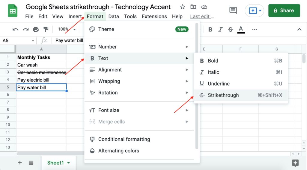 strikethrough in google sheets