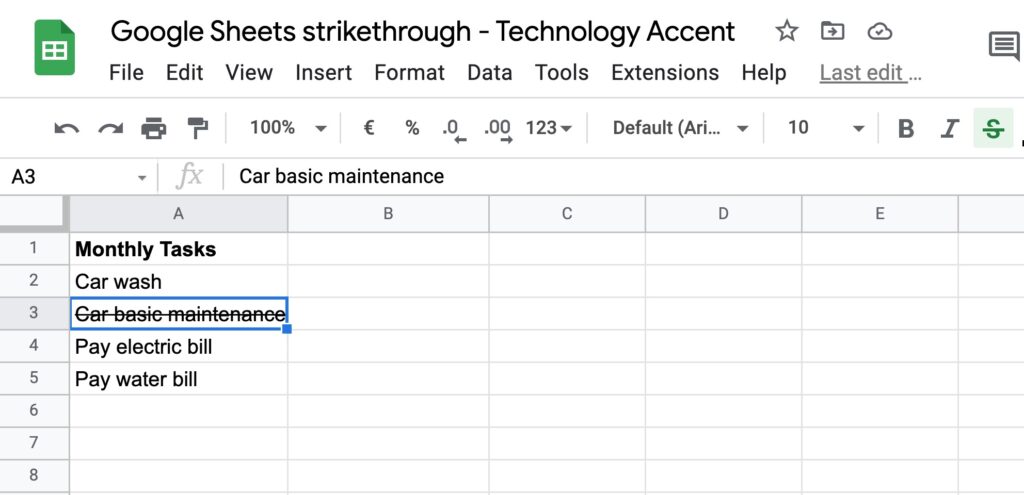 Google Sheets Strikethrough Shortcut Result