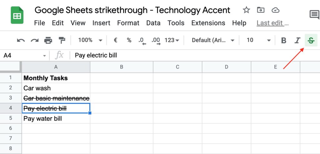 position of the strikethrough icon on the toolbar