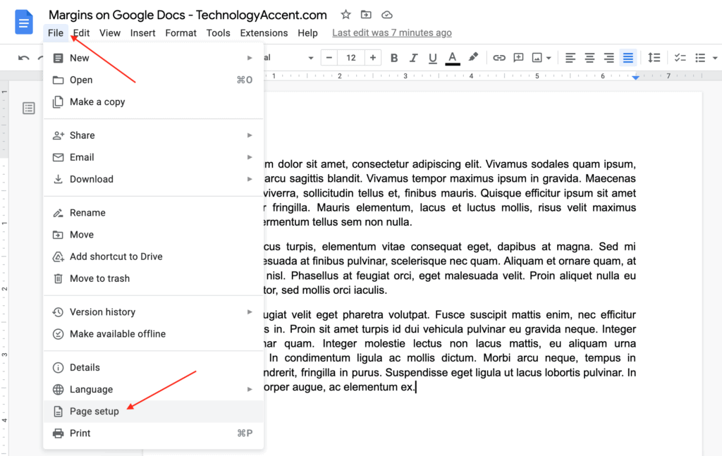 Google Docs File Page Setup Menu