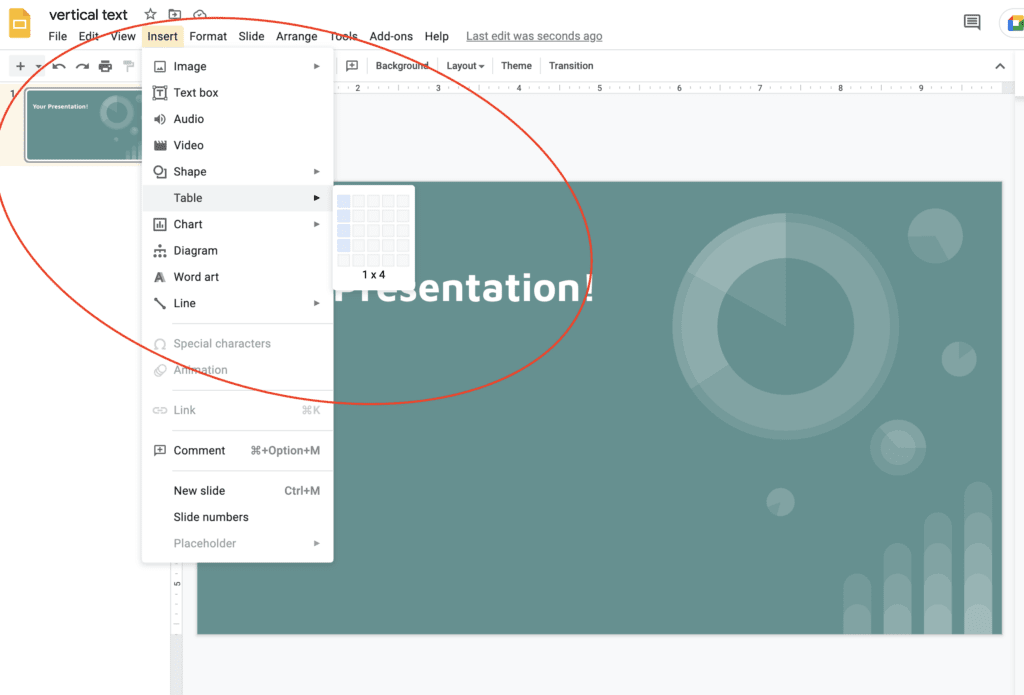 Google Slides Insert Table Menu