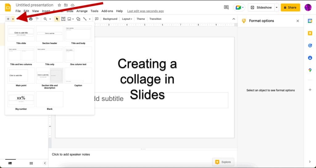 New Slide Toolbar Option