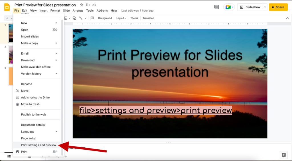 Google Slides Print Settings And Preview Menu