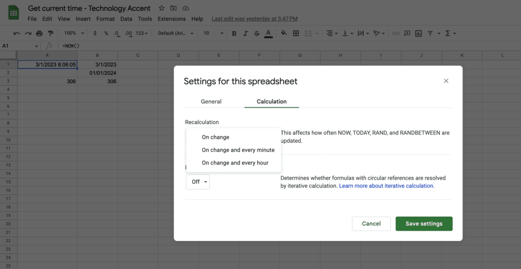 Calculation Spreadsheet Settings