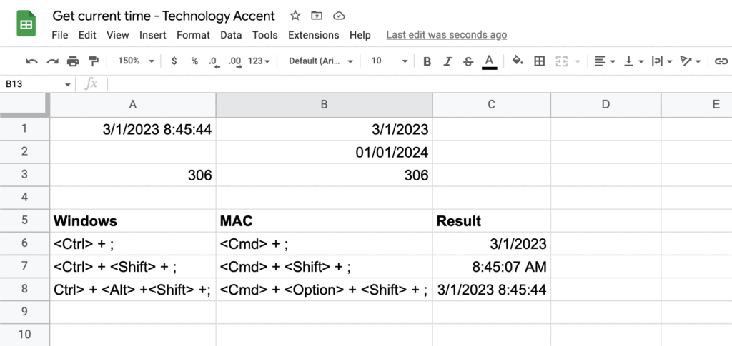 Google Sheets Current Time Keyboard Shortcuts